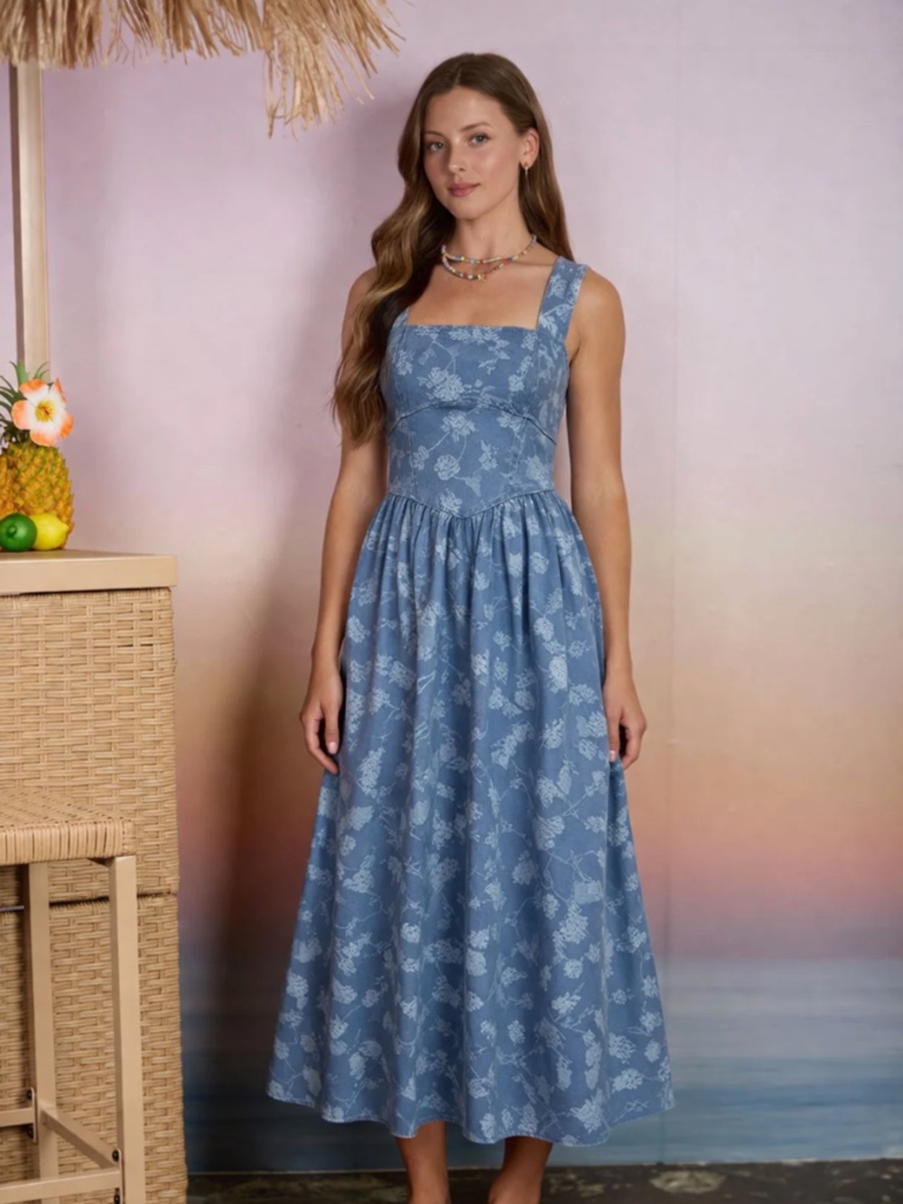 Denim Floral Jacquard Corset Midi Dress Cottagecore Blue Medium